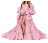 WSEYU Women's Tulle Bride Morning Robe V Neck Anniversary Dresses Strapless Baby Shower Dress Lace Up Pink UK14