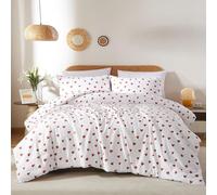 WSFYTAM White bedding with red hearts, 2-piece set 135x200 cm duvet cover and pillowcase 80x80 cm, microfiber bedding set with hearts for girls and children,B
