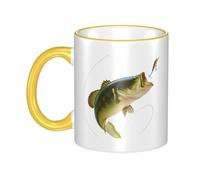 WSHFFILO Bait with Fishing Line Eating Little Fish Printed Ceramic Mug with Coloured Edging Drinking Cup Coffee Mug
