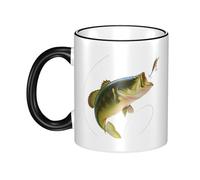 WSHFFILO Bait with Fishing Line Eating Little Fish Printed Ceramic Mug with Coloured Edging Drinking Cup Coffee Mug