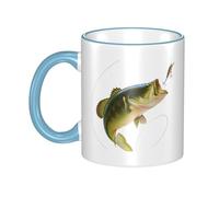 WSHFFILO Bait with Fishing Line Eating Little Fish Printed Ceramic Mug with Coloured Edging Drinking Cup Coffee Mug