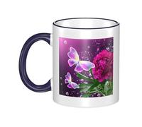 WSHFFILO Beautiful Purple Butterfly Floral Printed Ceramic Mug with Coloured Edging Drinking Cup Coffee Mug