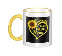 WSHFFILO Blessed to Be Called Nana Sunflower Printed Ceramic Mug with Coloured Edging Drinking Cup Coffee Mug