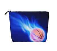 WSHFFILO Blue Fire Basketball Ball Printed Fake Hemp Makeup Bag Travel Toiletry Bag Cosmetic Bag Clutch Bag