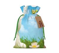 WSHFFILO Easter Bunny with Eggs and Spring Butterfly printed Bag Jute Drawstring Gift Bag