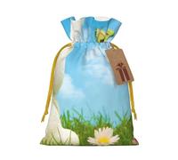 WSHFFILO Easter Bunny with Eggs and Spring Butterfly printed Bag Jute Drawstring Gift Bag