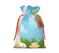 WSHFFILO Easter Bunny with Eggs and Spring Butterfly printed Bag Jute Drawstring Gift Bag