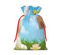 WSHFFILO Easter Bunny with Eggs and Spring Butterfly printed Bag Jute Drawstring Gift Bag