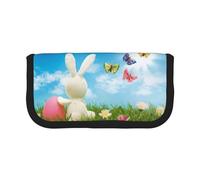 WSHFFILO Easter Bunny with Eggs and Spring Butterfly Printed Canvas Pen Case Pencil Pouch Portable Stationery Pouch