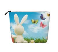 WSHFFILO Easter Bunny with Eggs and Spring Butterfly Printed Fake Hemp Makeup Bag Travel Toiletry Bag Cosmetic Bag Clutch Bag