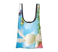 WSHFFILO Easter Bunny with Eggs and Spring Butterfly printed Fold eco-friendly shopping bag Portable tote storage bag