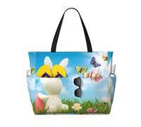 WSHFFILO Easter Bunny with Eggs and Spring Butterfly printed Large Capacity Beach Travel Bag Shoulder Bag