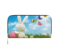 WSHFFILO Easter Bunny with Eggs and Spring Butterfly Printed Leather Hand Wallet Long Clutch Leather Wallet