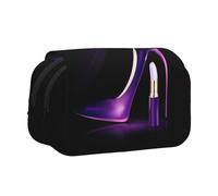WSHFFILO Elegant Purple High Heels with Lipstick Printed Double Clamshell Pen Case Pencil Pouch Portable Stationery Bag