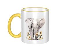 WSHFFILO Elephant and Sunflower Printed Ceramic Mug with Coloured Edging Drinking Cup Coffee Mug