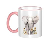 WSHFFILO Elephant and Sunflower Printed Ceramic Mug with Coloured Edging Drinking Cup Coffee Mug