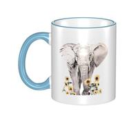 WSHFFILO Elephant and Sunflower Printed Ceramic Mug with Coloured Edging Drinking Cup Coffee Mug