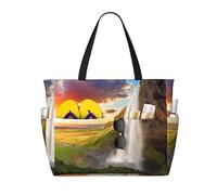 WSHFFILO Iceland Waterfall River Field Sunset printed Large Capacity Beach Travel Bag Shoulder Bag