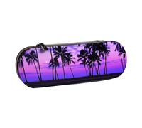 WSHFFILO Palm Tree Purple Sunset Printed Leather Pencil Case Portable Stationery Pouch