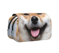 WSHFFILO Smiling Shiba Inu Printed Double Clamshell Pen Case Pencil Pouch Portable Stationery Bag