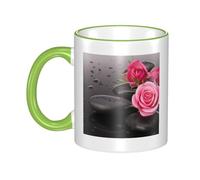 WSHFFILO Spa Stone and Rose Flowers Printed Ceramic Mug with Coloured Edging Drinking Cup Coffee Mug