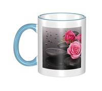 WSHFFILO Spa Stone and Rose Flowers Printed Ceramic Mug with Coloured Edging Drinking Cup Coffee Mug