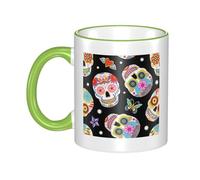 WSHFFILO Sugar Skulls Printed Ceramic Mug with Coloured Edging Drinking Cup Coffee Mug
