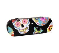 WSHFFILO Sugar Skulls Printed Leather Pencil Case Portable Stationery Pouch