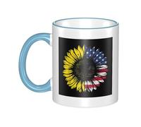 WSHFFILO Sunflower American Flag Printed Ceramic Mug with Coloured Edging Drinking Cup Coffee Mug