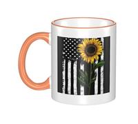 WSHFFILO Sunflower and American Flag Printed Ceramic Mug with Coloured Edging Drinking Cup Coffee Mug