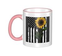 WSHFFILO Sunflower and American Flag Printed Ceramic Mug with Coloured Edging Drinking Cup Coffee Mug