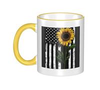 WSHFFILO Sunflower and American Flag Printed Ceramic Mug with Coloured Edging Drinking Cup Coffee Mug