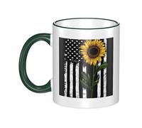 WSHFFILO Sunflower and American Flag Printed Ceramic Mug with Coloured Edging Drinking Cup Coffee Mug