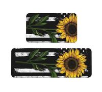 WSHFFILO Sunflower And American Flag printed Crystal Pile Kitchen Floor Mats 2 Piece Running Carpet Set