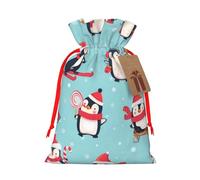 WSHFFILO Winter Christmas Penguins printed Bag Jute Drawstring Gift Bag