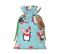 WSHFFILO Winter Christmas Penguins printed Bag Jute Drawstring Gift Bag