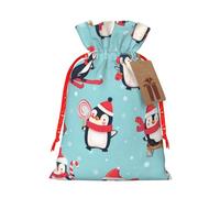 WSHFFILO Winter Christmas Penguins printed Bag Jute Drawstring Gift Bag