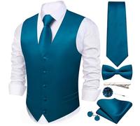 WSHOWY Men's Vest Tie Set Bow Tie Satin V-Neck Solid Colors Suit Waistcoat Cufflinks hanky Formal Wedding Business Tuxedo, Aqua Teal, Medium