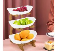 WSIKGHU Fruit Bowls Fruit Stand 3-Tier Fruit Plate Oval Bamboo Wood Stand Fruit Basket Bamboo Stand Holder Fruit Snack Cake Stand (White)