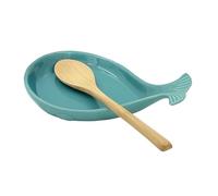 WSKC Ceramic Spoon Rest for Kitchen with Wooden Spoon, Whale Shape, 4.8W X 7.8L