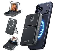 WSKEN 3-in-1 Power Bank 5000mAh,&Makeup Mirror with Light 3 Color Adjustable brightness,Foldable Stand,Portable Magnetic Wireless Fast Charging Compatible MagSafe for iPhone 17& Apple Watch&AirPods