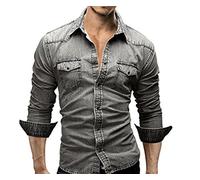 WSLCN Mens Casual Snap Button Denim Shirt Cotton Long Sleeve Tops Light Grey Size L