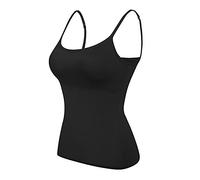 WSLCN Women's Basic Solid Camisole Adjustable Spaghetti Strap Tank Top with Built in Padded Bra Vest Cami Sleeveless Layer Top Black UK XL/Asian XXL