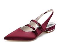 WSMYBLQ Mary Jane Women's Satin Flat Shoes Pointed Toe Double Strap Wedding Bridal Party Shoes, Burgundy, 3 UK