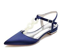 WSMYBLQ Women's Satin Wedding Shoes Pearl T-Strap Low Heel Slingback Pumps Pointed Toe Evening Wedding Dress Shoes, navy, 10 UK