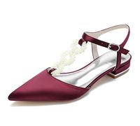 WSMYBLQ Women's Satin Wedding Shoes Pearl T-Strap Low Heel Slingback Pumps Pointed Toe Evening Wedding Dress Shoes, burgundy, 8.5 UK