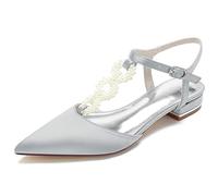 WSMYBLQ Women's Satin Wedding Shoes Pearl T-Strap Low Heel Slingback Pumps Pointed Toe Evening Wedding Dress Shoes, silver, 8.5 UK