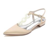 WSMYBLQ Women's Satin Wedding Shoes Pearl T-Strap Low Heel Slingback Pumps Pointed Toe Evening Wedding Dress Shoes, champagne, 10 UK