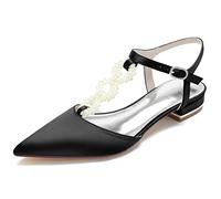 WSMYBLQ Women's Satin Wedding Shoes T-Strap Low Heel Pointed Toe Evening Dress Shoes, Black/White, 3 UK