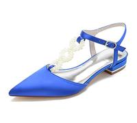 WSMYBLQ Women's Satin Wedding Shoes T-Strap Low Heel Pointed Toe Evening Dress Shoes, blue, 6.5 UK